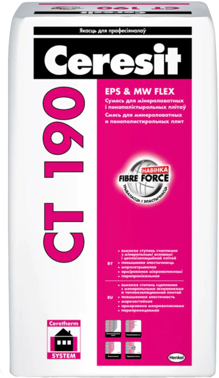 Клей Ceresit CT-190 с микроволокнами для приклеивания и армирования, 25 кг