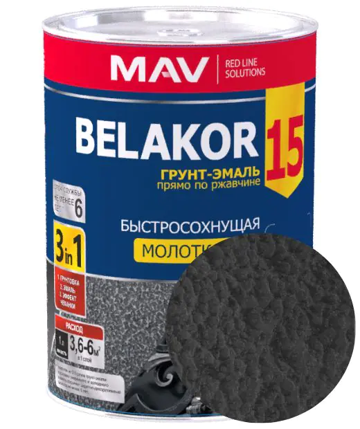 Грунт-эмаль Belakor 15 по ржавчине 3 в 1 молотковая MAV (черный антрацит) 1 л