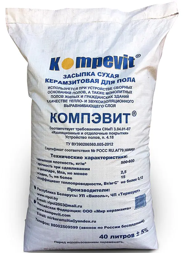 Засыпка сухая керамзитовая для пола Компэвит, 40 л