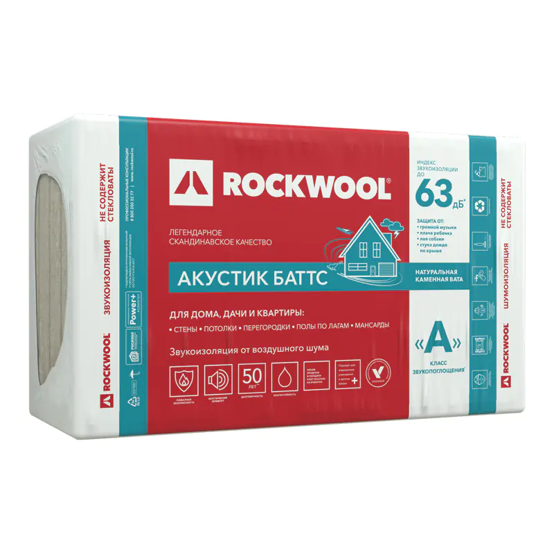 Теплоизоляция Rockwool Акустик Баттс 50 мм (в пачке 6 м²)